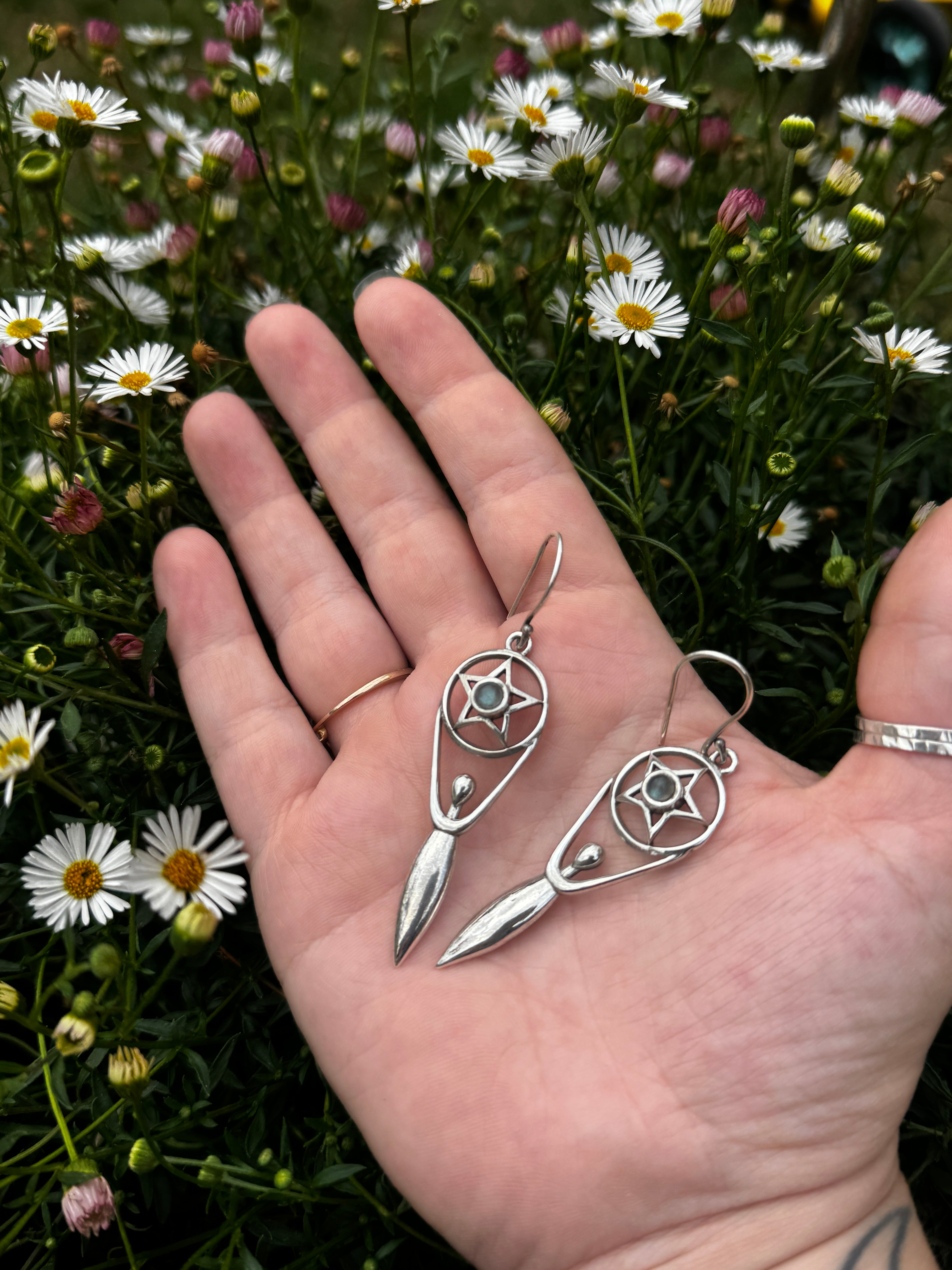 Large Pentacle Earrings with Labradorite Silver 925